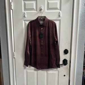Bugatchi Burgundy Polka Dot Dress Shirt Sz L -8 way stretch